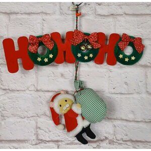 Vtg Christmas Corner HoHoHo Santa Mouse Wall Hanging Decor Fabric Wreaths Bells